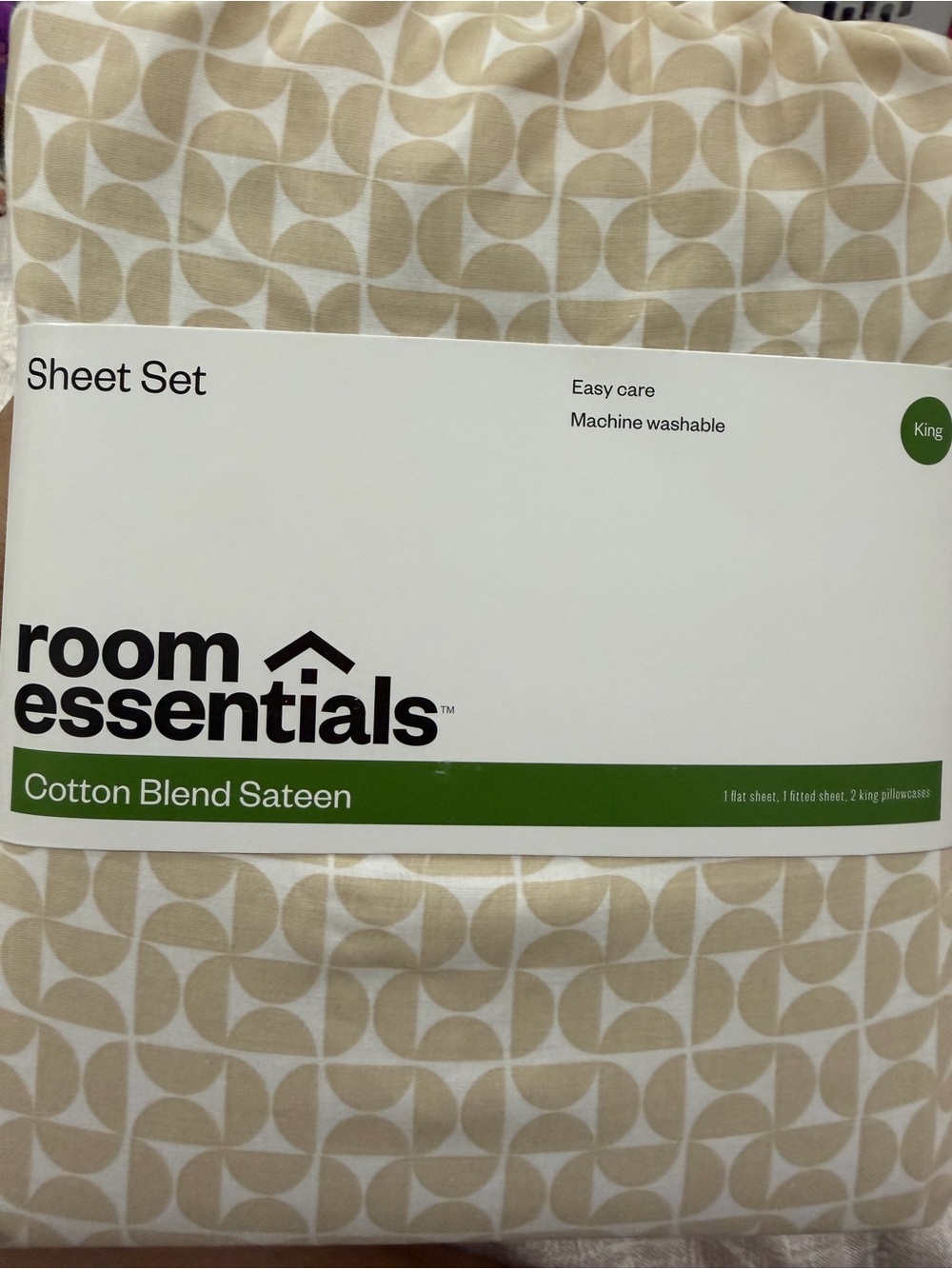 Room Essentials Cotton Blend Sateen King Sheet Set in Beige Pattern